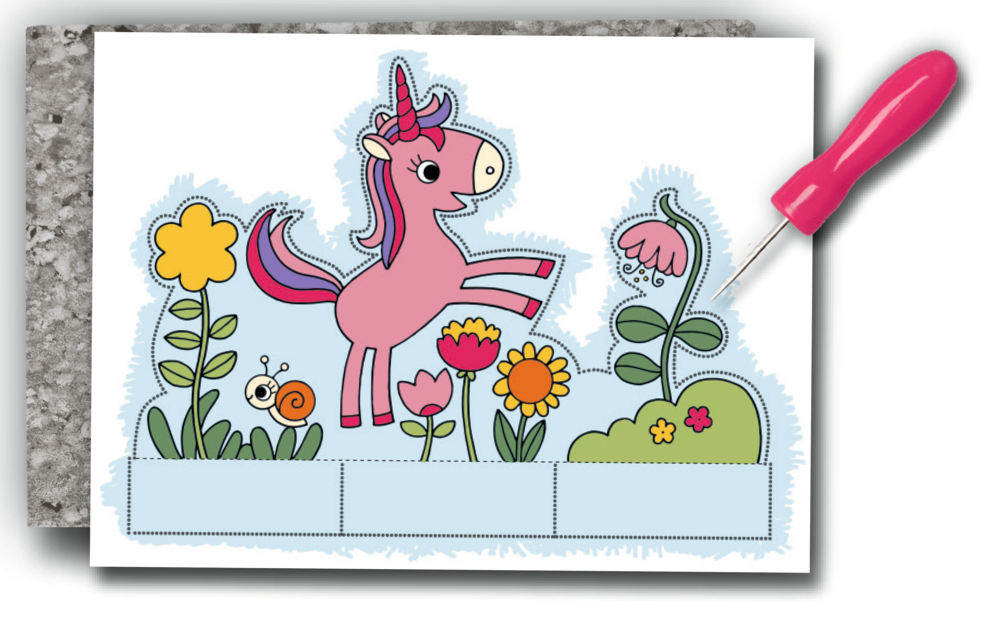 Illustration eines rosa Einhorns mit Blumen, Schnecke und Blättern, daneben eine Prickelnadel mit pinkem Griff.