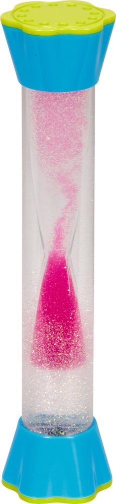 Blauer und gelber Glitzer-Wirbel, der wie eine Sanduhr aussieht, gefüllt mit rosa Sand und Glitzer.