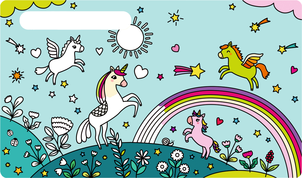 Einhörner mit Flügeln, Regenbogen, Sonne, Sternen und Herzen auf bunter fantasievoller Landschaft.