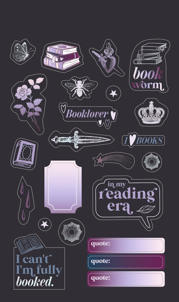 Sticker-Set mit Buchmotiven, Dolch, Blume, Krone, Herzen, Sternen und Schriftzügen zum Thema Lesen in Lila-, Rosa- und Grautönen.