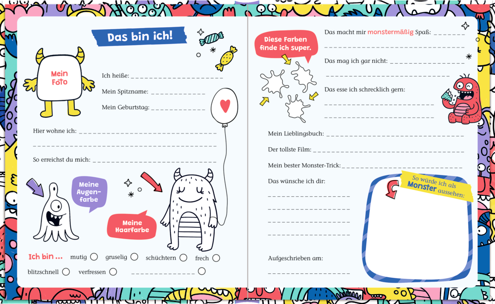 Ausgefüllte Doppelseite eines Kinderfreundebuchs mit Monster-Illustrationen, Linienfeldern und Sprechblasen für persönliche Angaben.