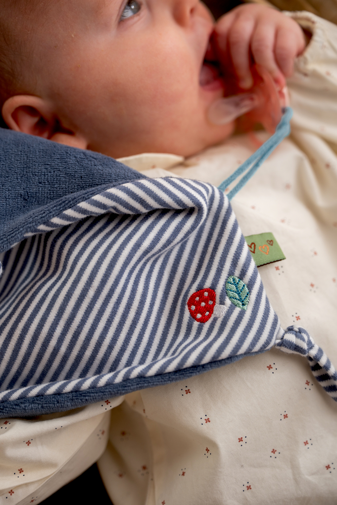 Baby mit gestreiftem Schnullertuch in Blau-Weiß mit Stickerei aus rotem Pilz und grünem Blatt.