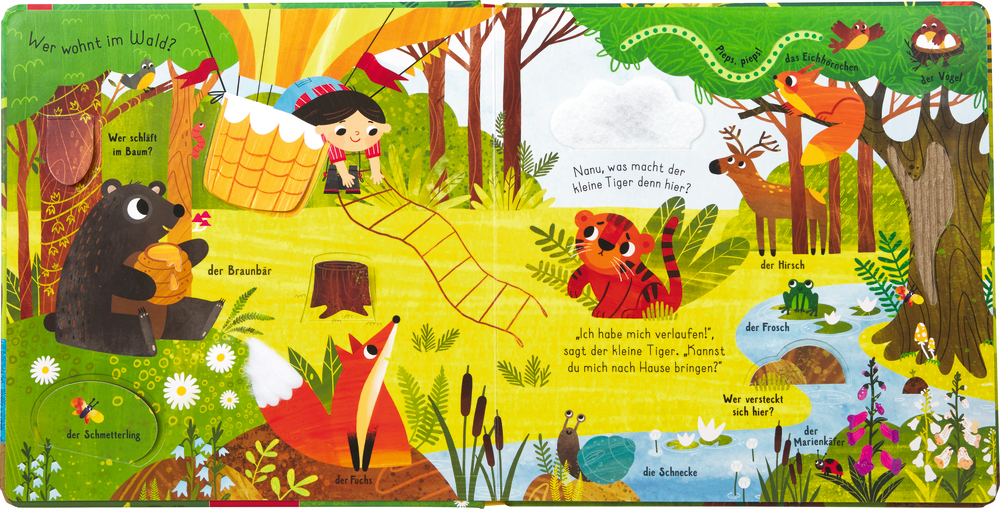 Bunte Illustration mit Waldtieren, einem Kind im Zelt und Text. Verspielte Landschaft.