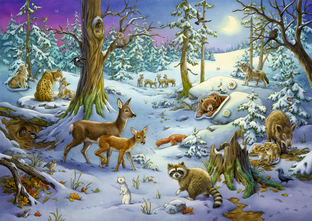 Verschneiter Wald mit Hirschen, Bären, Waschbären, Füchsen, Luchsen und Vögeln zwischen den Bäumen.