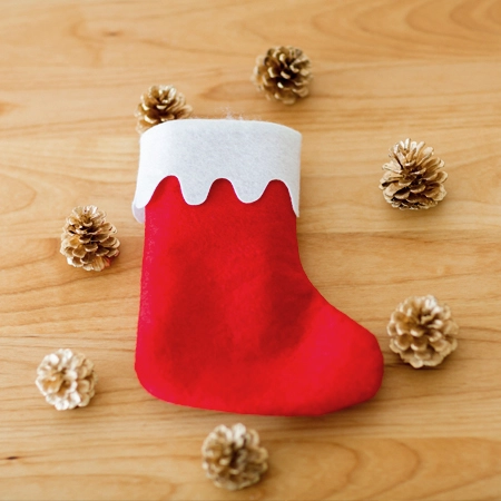 Schlichter Nikolausstiefel aus Stoff auf einem Tisch umgeben von kleinen Zapfen.