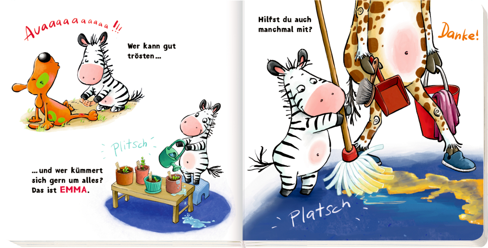 Ein Zebra tröstet einen traurigen Hund, gießt Pflanzen und hilft einer Giraffe beim Bodenwischen.