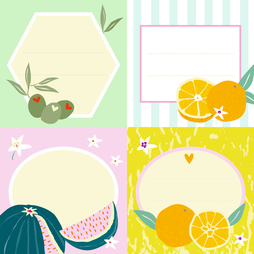 Set aus vier bunten Notizblöcken mit Frucht- und Blumenmotiven wie Oliven, Orangen, Wassermelonen und BlÃ¼ten.