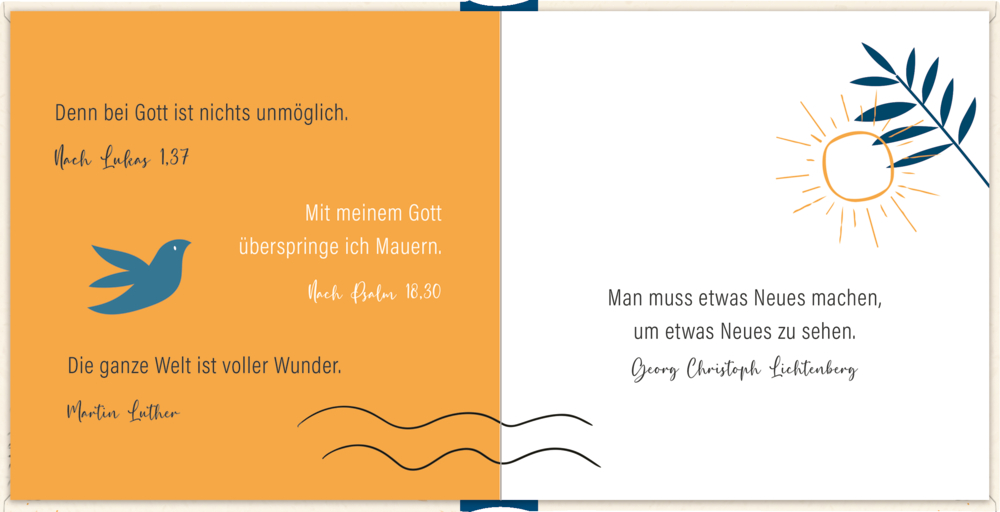 Orange-weiße Seite mit  Zitaten, blauem Vogel, Sonne und abstrakten Zweigmotiven.