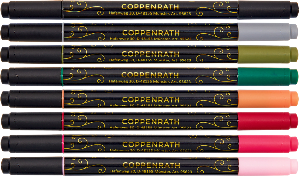 Acht bunte COPPENRATH-Marker mit verschiedenfarbigen Kappen und Spitzen horizontal aufgereiht.