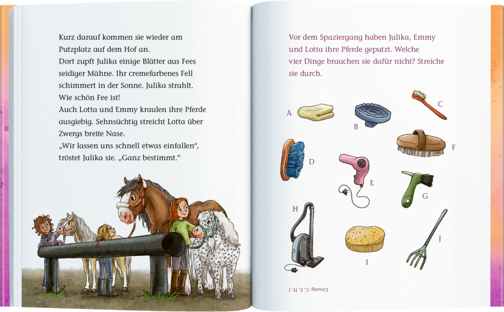 Drei Kinder stehen mit zwei Pferden am Putzplatz; rechts Zeichnungen von Putzutensilien und Werkzeugen mit Buchstaben markiert.