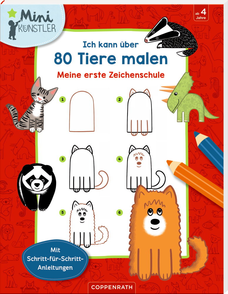 Cover von einem roten Zeichenbuch mit Tiermotiven, Bleistiften und Schritt-für-Schritt-Anleitung zum Zeichnen eines Hundes.