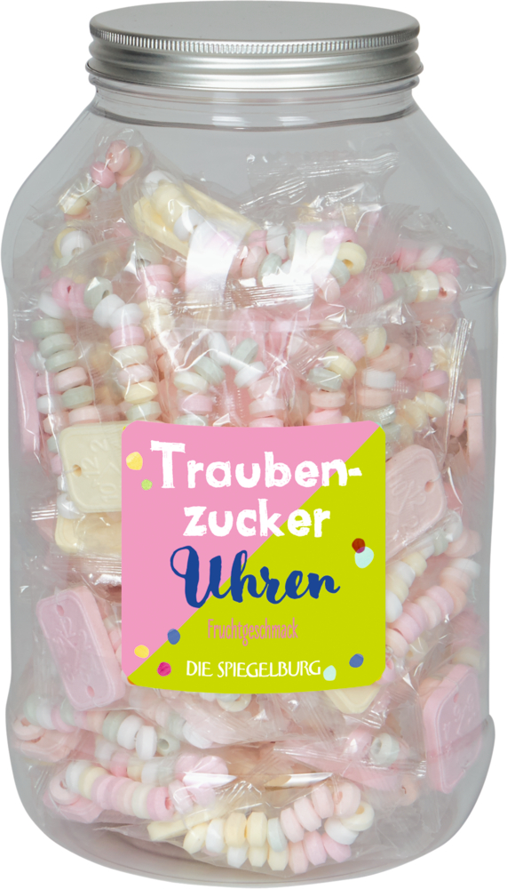 Ein Glas mit bunten Bonbon-Uhren mit der Aufschrift „Traubenzucker-Uhren“.