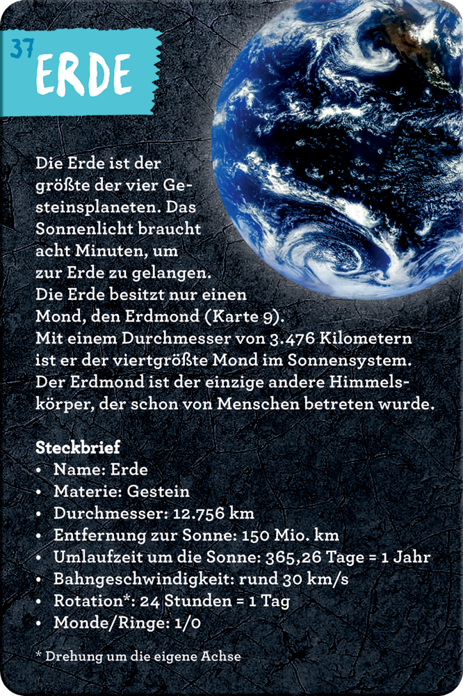 Factsheet über die Erde mit Weltraumbild, erklärendem Text und blauem Kopfbereich.