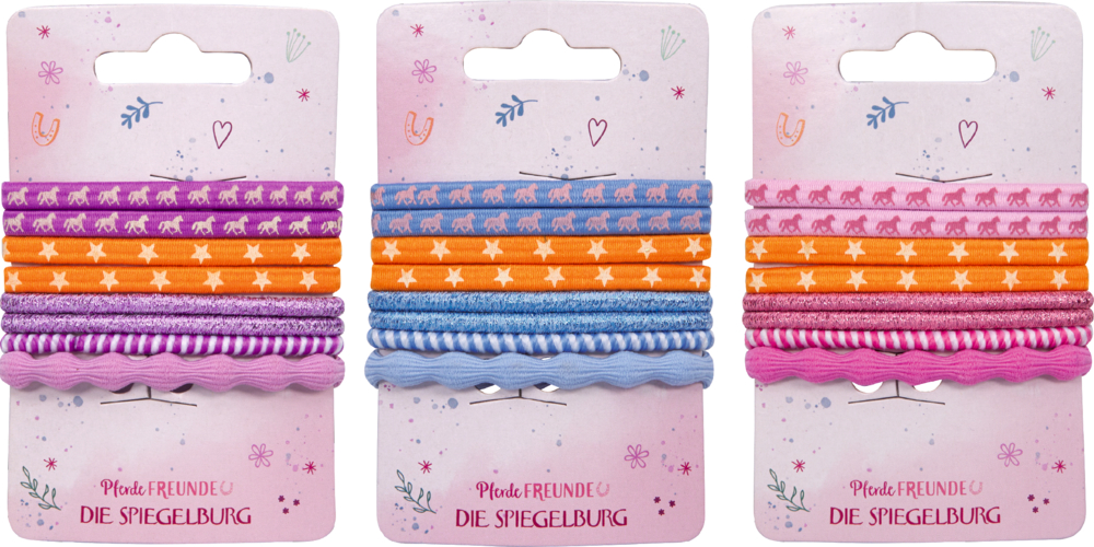 Drei Sets bunter Haargummis in Lila, Blau und Rosa mit Pferde-, Stern- und Streifenmustern auf pinken Karten.