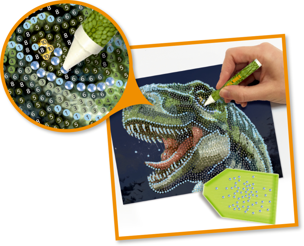 Eine Hand platziert winzige Glitzersteine auf einem Dinosaurierbild.