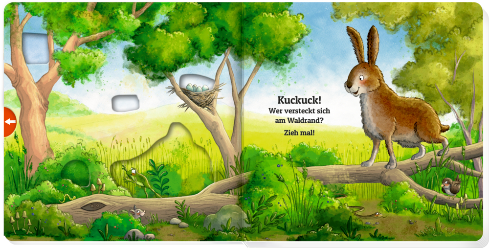 Ein brauner Hase steht auf einem liegenden Baumstamm im Wald. Vögel, ein Nest und grüne Blätter sind zu sehen.