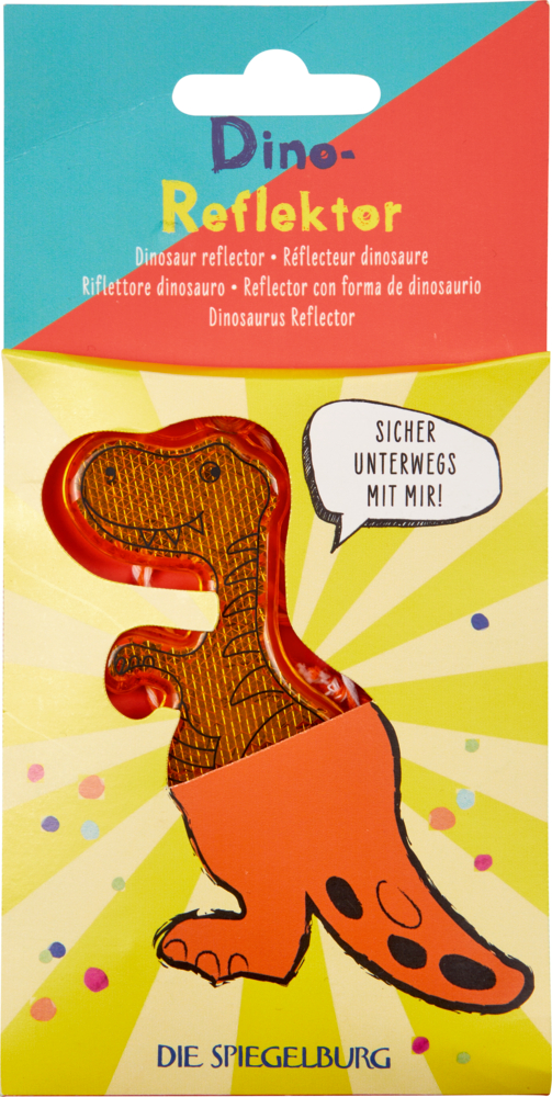 Oranger Dinosaurier-Reflektor in bunter Verpackung mit deutschem Text und bunten Punkten.