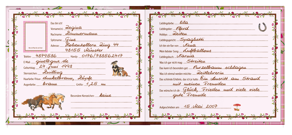 Eine ausgefüllte rosa Freundebuchseite mit handschriftlichen Antworten und niedlichen Tierzeichnungen.