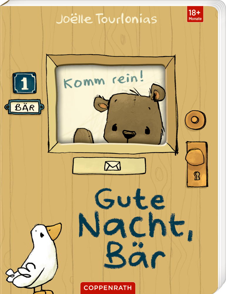 Ein Bär schaut durch ein Türfenster. Draußen steht eine Ente. Oben steht: Gute Nacht, Bär.