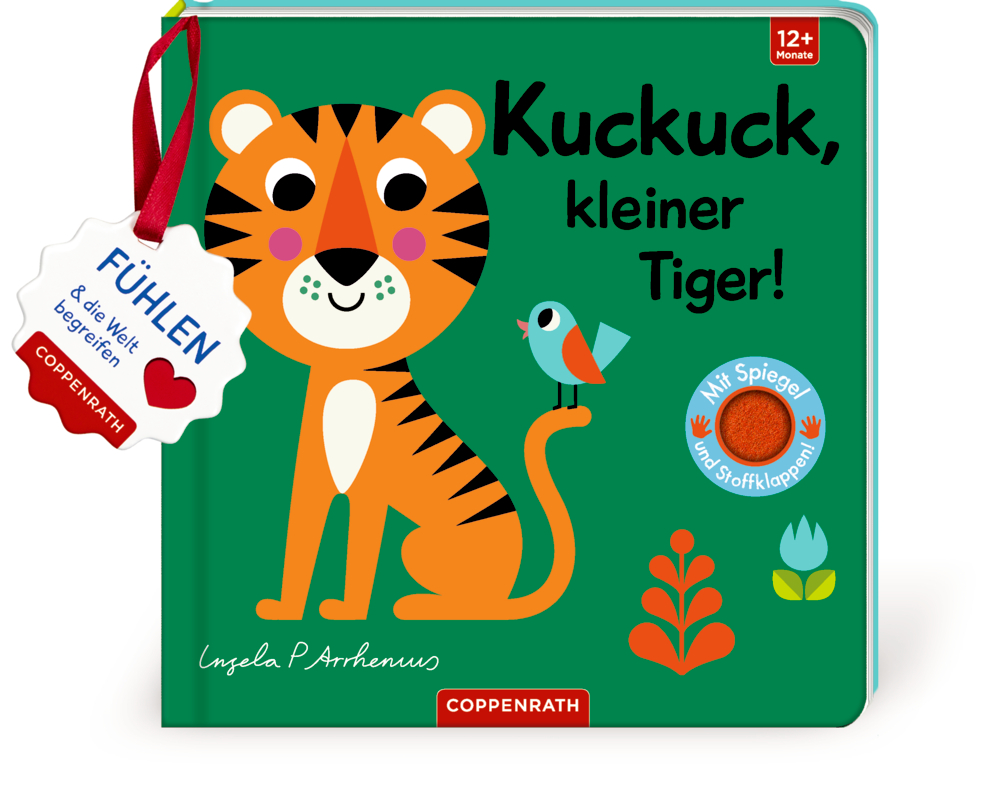 Kinderbuchcover: illustrierter Tiger und Vogel, mit dem Titel „Kuckuck, kleiner Tiger!“.