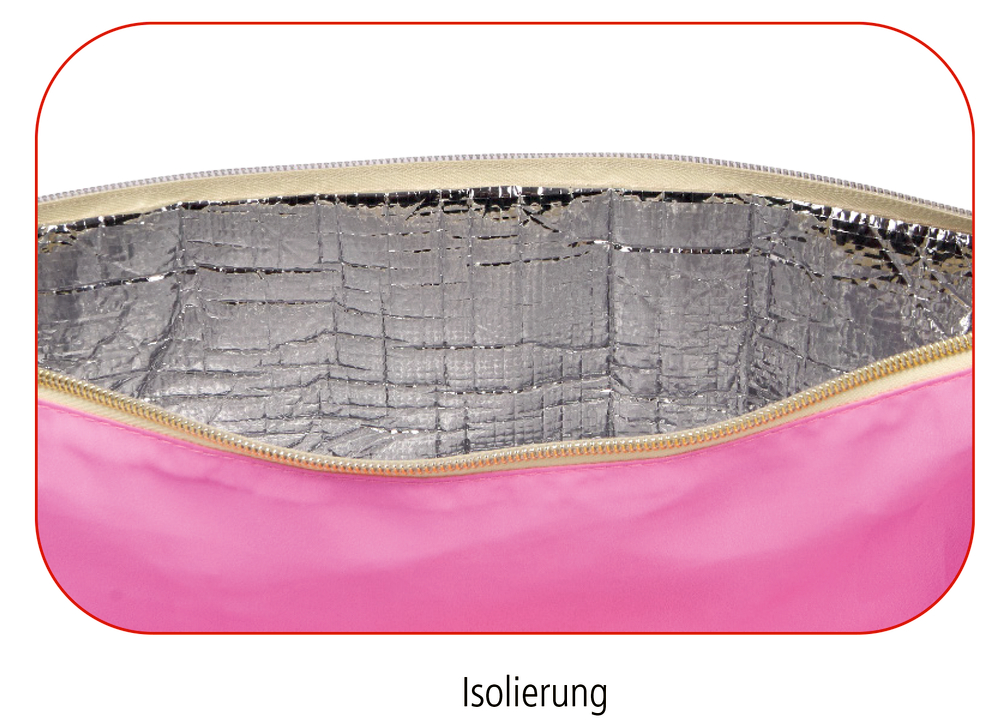 Offene pinke Tasche mit silberner, glänzender Isolierung innen. Unterhalb steht Isolierung.