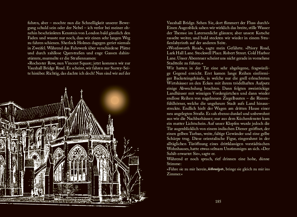 Gotische Kathedrale bei Nacht, darüber leuchtender Vollmond; weißer Text auf dunklem Hintergrund.