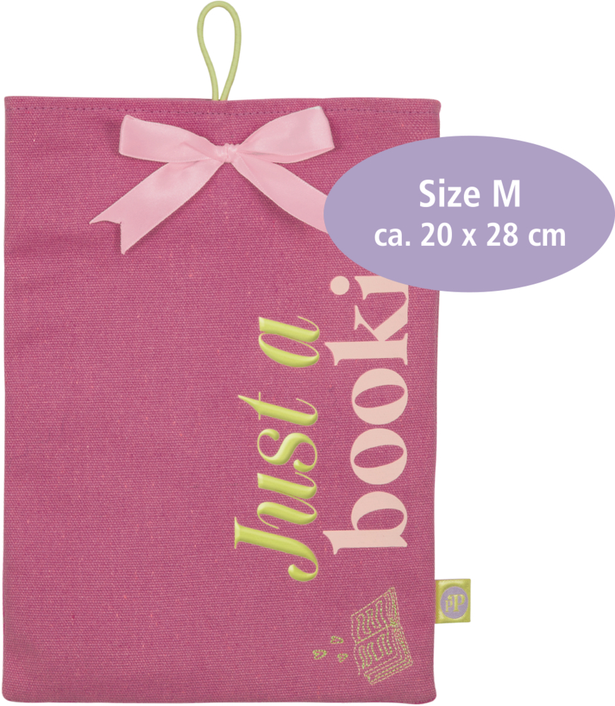 Rosa Buchhülle mit rosa Schleife, grünem Text Just a booki und Label Größe M 20 x 28 cm.