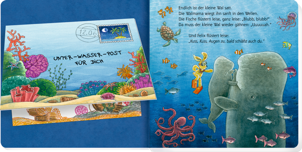 Unterwasserszene, auf einer Doppelseite, mit Meerestieren, einem Wal, der ein Kind hält, Text und einem Brief mit der Aufschrift „UNTER-WASSER-POST FÜR DICH“.