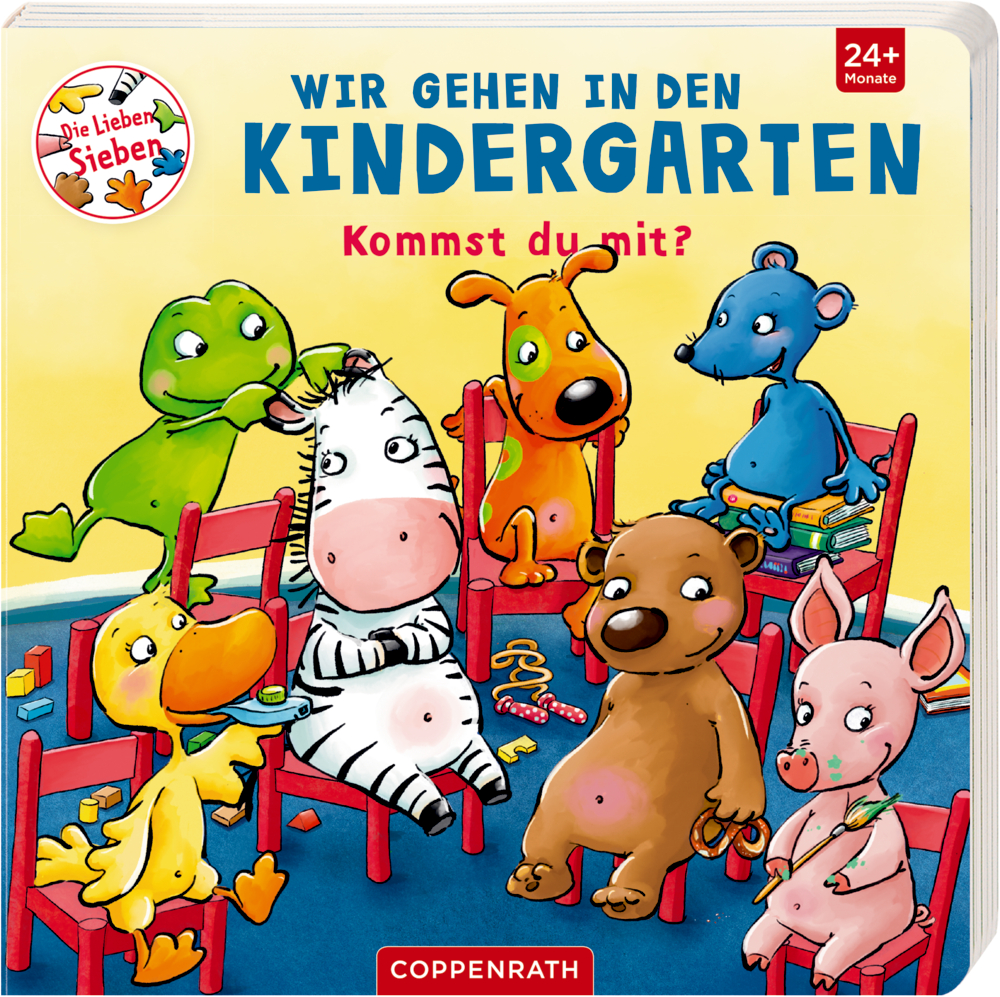 SiebenTiere sitzen im Kreis auf roten Stühlen.