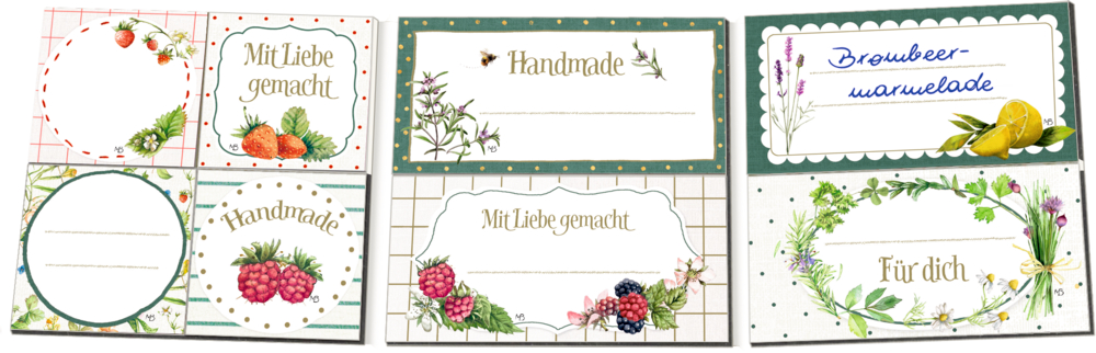 Marmeladenglas-Etiketten mit Obst- und Kräuterillustrationen, beschriftet mit „Handmade“ oder „Mit Liebe gemacht“ oder Platz zum Beschriften.