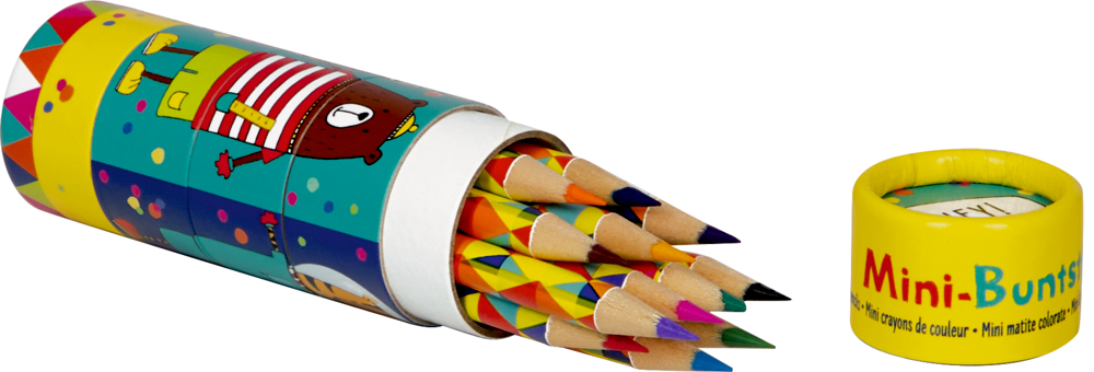 Eine bunte Röhre mit Comiczeichnung enthält angespitzte Farbstifte, der Deckel mit Aufdruck Mini-Buntstifte liegt daneben.
