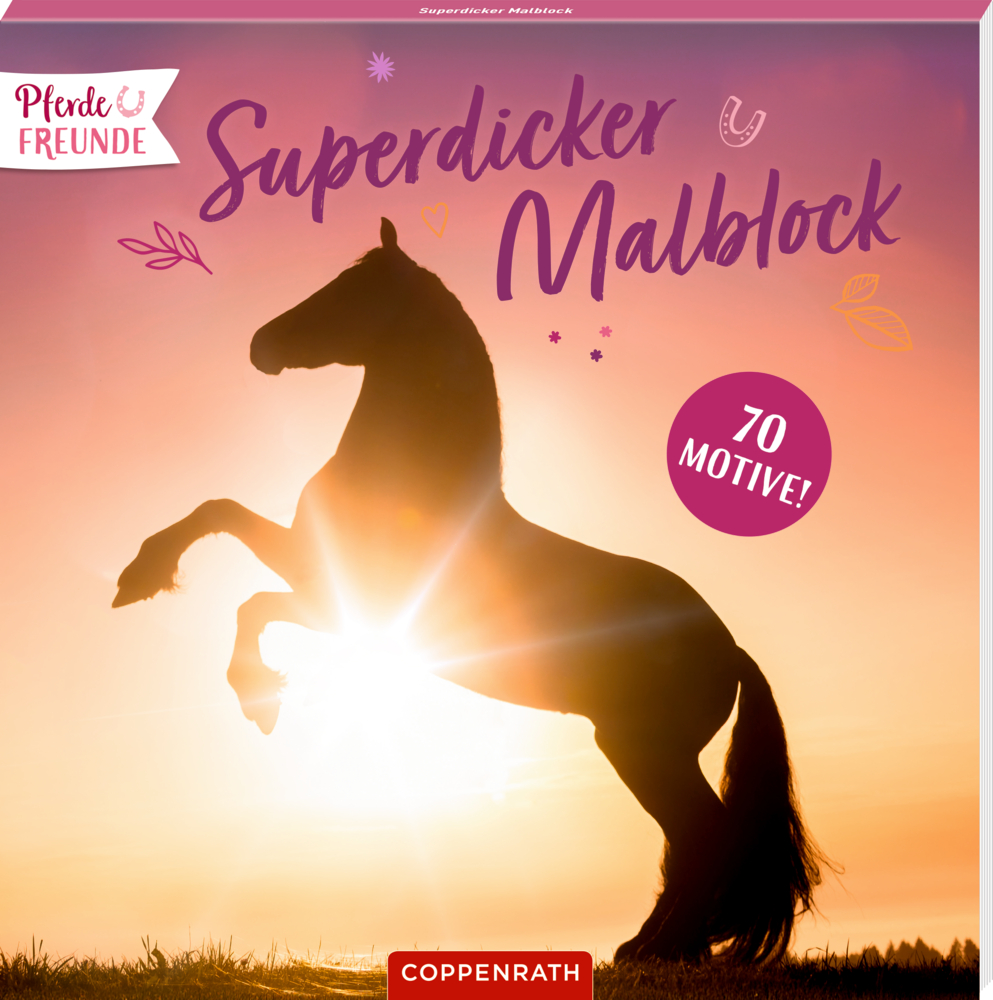 Titelblatt eines Malblocks mit der Silhouette eines sich aufbäumenden Pferdes vor Sonnenuntergang.
