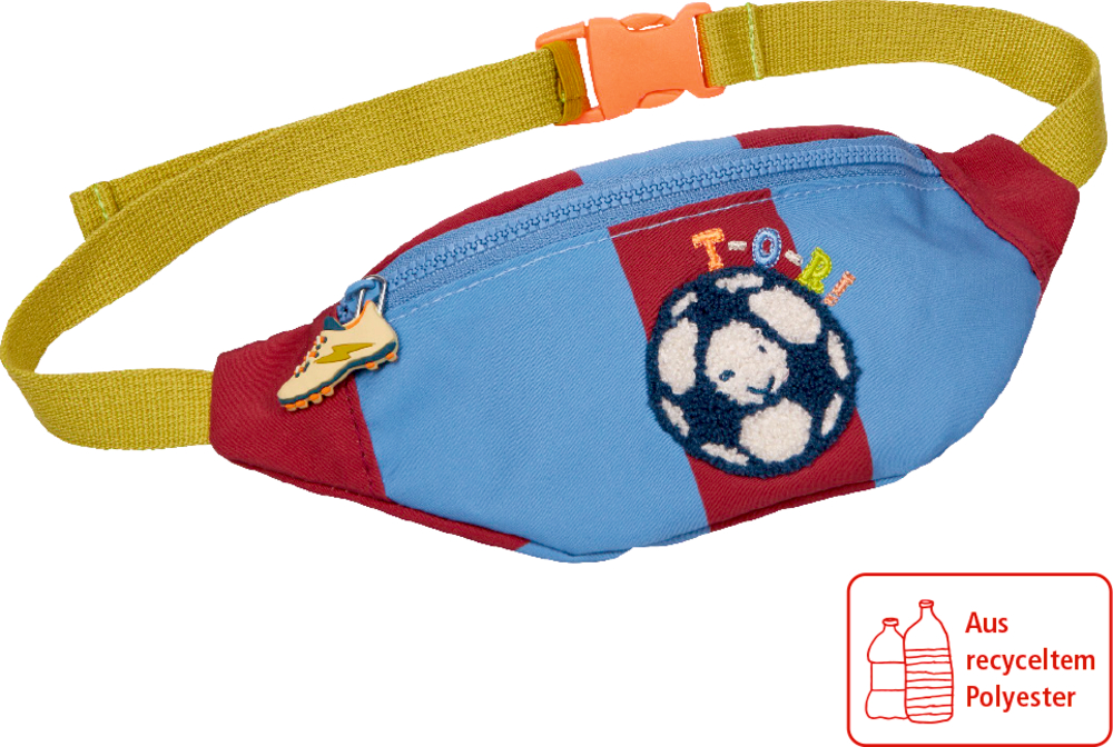 Blau-rote Kinder-Bauchtasche mit Fußball-Design, gelber Riemen, aus recyceltem Polyester.