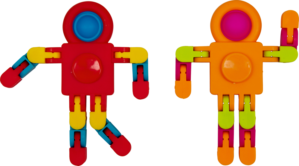 Zwei bunte Spielzeugroboter mit beweglichen Armen und Beinen, einer rot-blau, der andere orange-rosa.