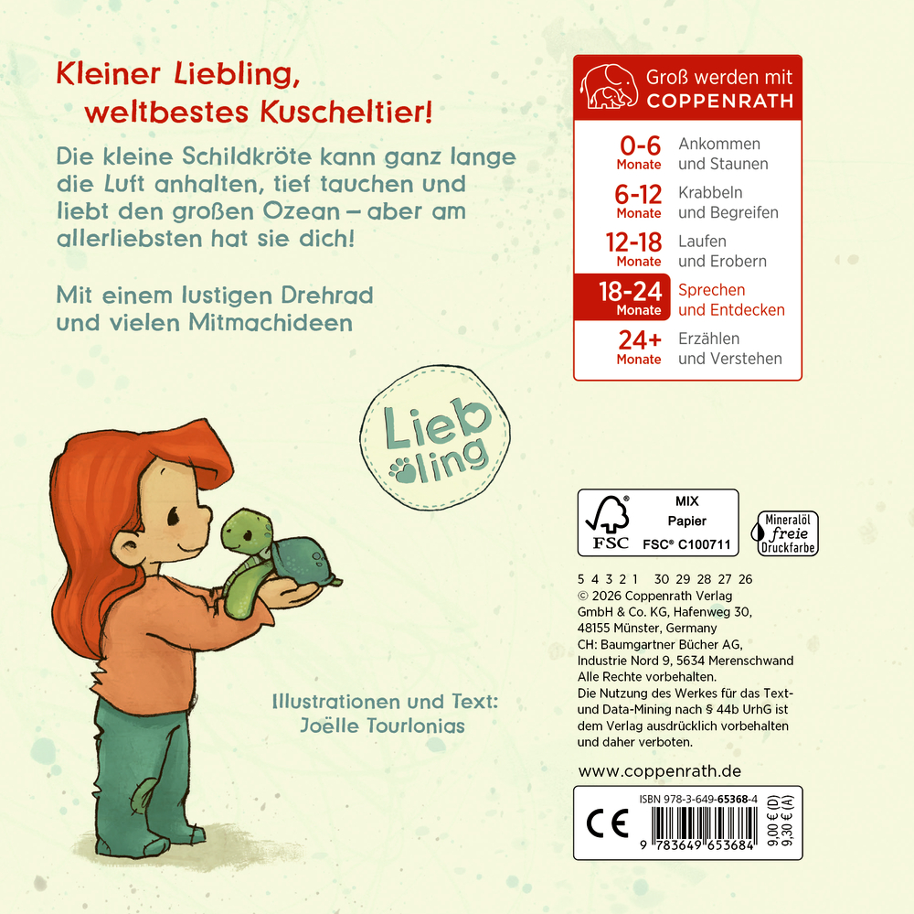 Buchrückseite mit Illustration eines Kindes mit rotem Haar, das eine kleine grüne Schildkröte in den Händen hält.