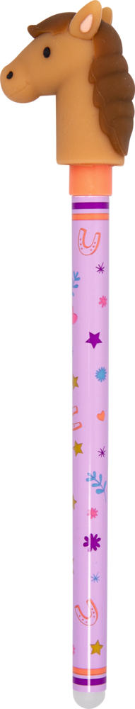 Gelstift mit Pferdekopf-Aufsatz und violettem Schaft mit bunten Stern-, Herz- und Hufeisenmotiven
