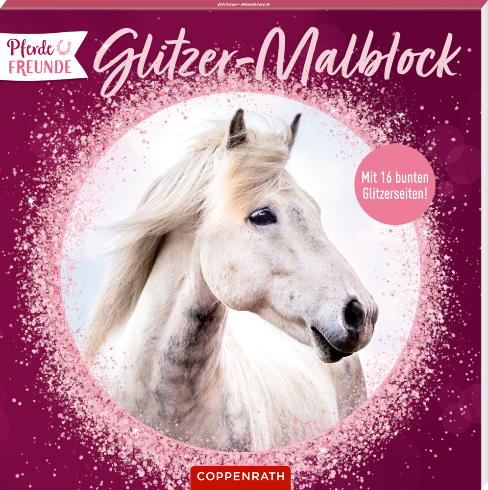 Malblockcover mit WeiÃŸem Pferd auf glitzerndem lila Hintergrund.