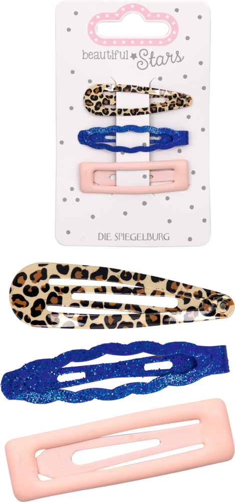 Set aus drei Haarspangen in Beige mit Leopardenmuster, Blau mit Glitzer und Rosa, dadrüber diese drei Haarspangen auf der Produktverpackung.