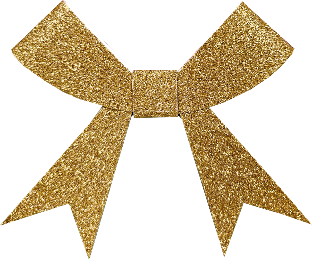 Goldene Glitzerschleife mit zwei breiten Schleifenenden und zwei langen, spitz zulaufenden Bändern.