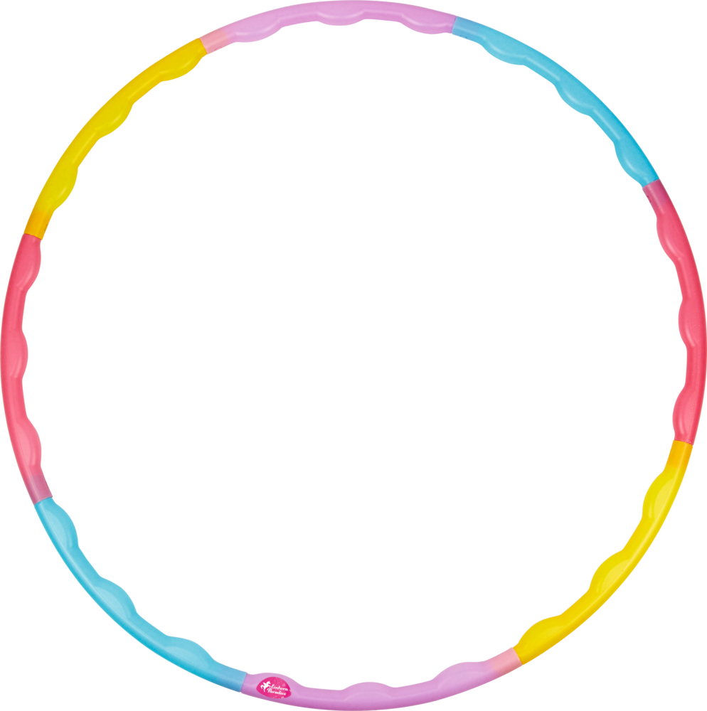 Bunter Hula-Hoop-Reifen aus Kunststoff mit gewellten rosa, gelben, blauen und violetten Segmenten auf weißem Hintergrund.
