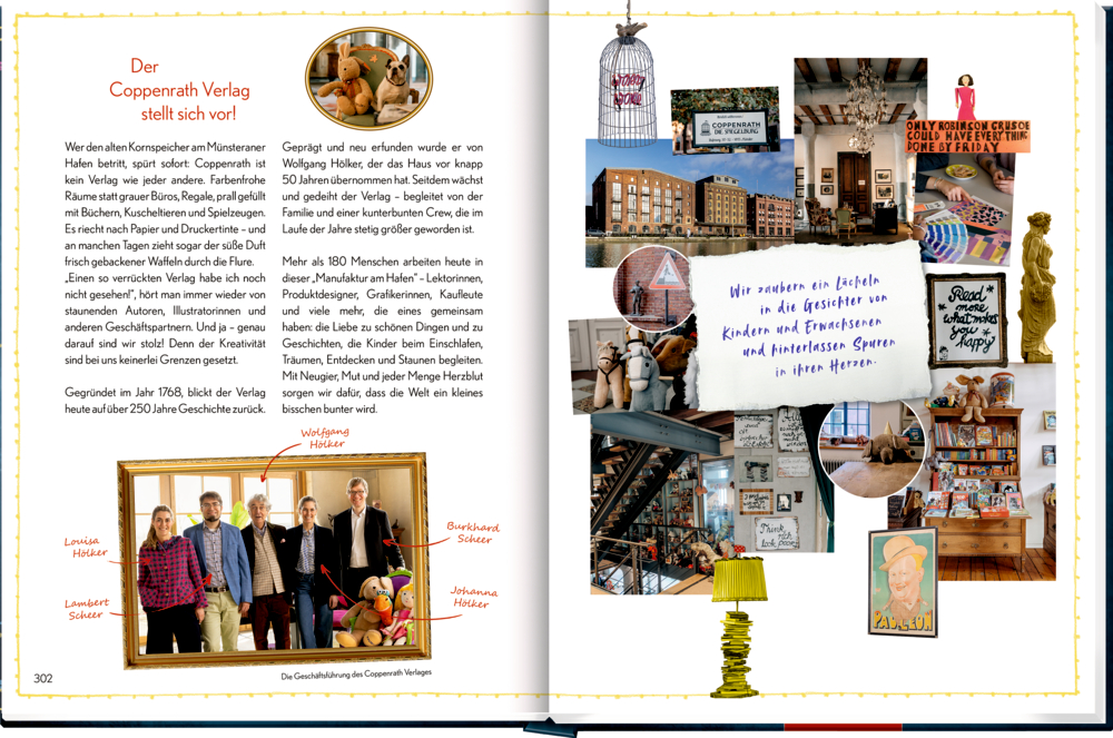 Doppelseite mit Text über den Coppenrath Verlag, Gruppenfoto der Geschäftsführung und Collage aus Innen- und Außenansichten sowie Dekorationen.