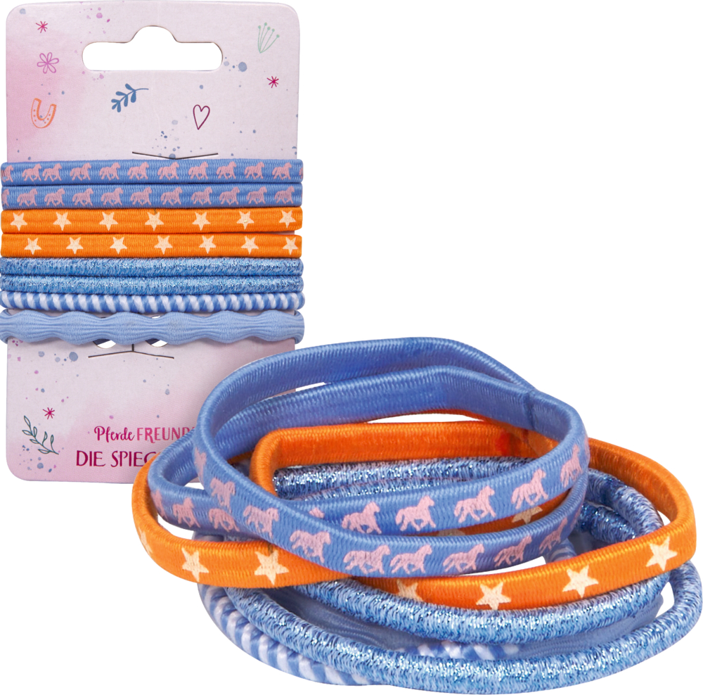 Set aus blauen und orangefarbenen Haargummis mit Stern- und Pferdemustern, daneben Ansicht des Sets auf Pappkarte.