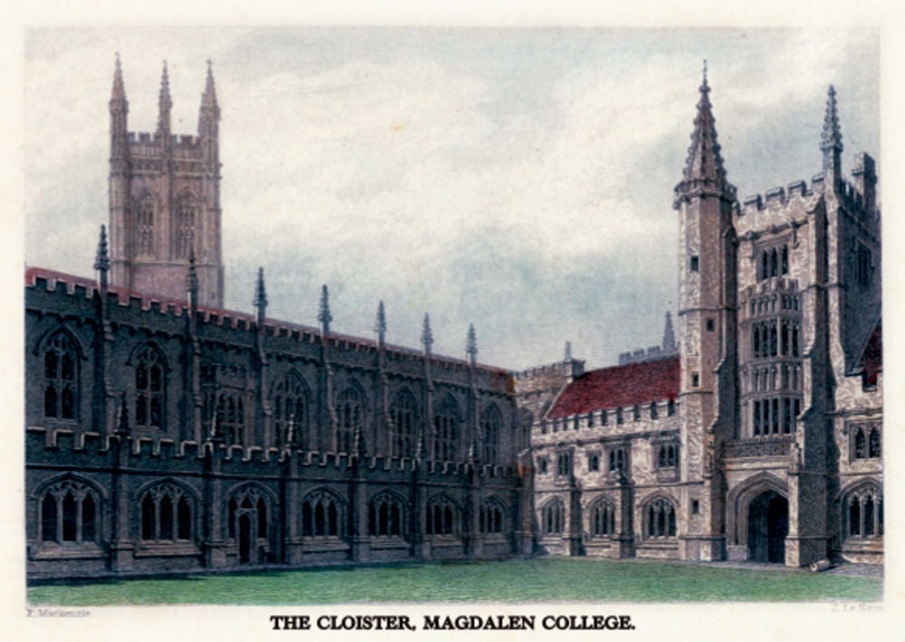 Historische Postkarte: Steingebäude, Rasenflächen, Türme und gotische Architektur im Cloister des Magdalen College.