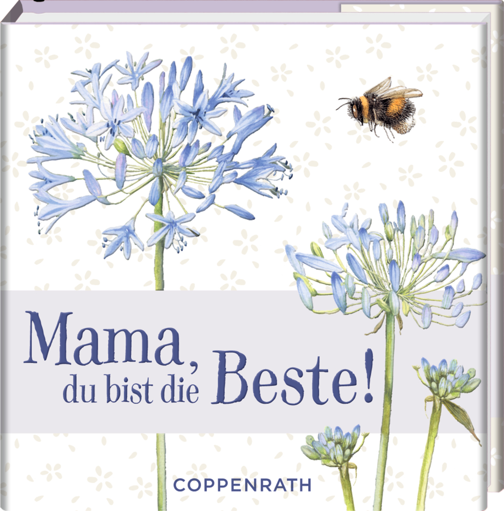 Blaue Blumen und eine Biene mit dem Text „Mama, du bist die Beste!“ auf einem gemusterten Hintergrund.
