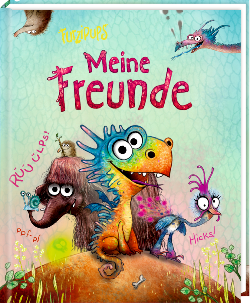 Verspielte Cartoon-Dinosaurier und Tiere mit dem deutschen Titel „Meine Freunde“ auf einem fröhlichen Kinderbuchcover.