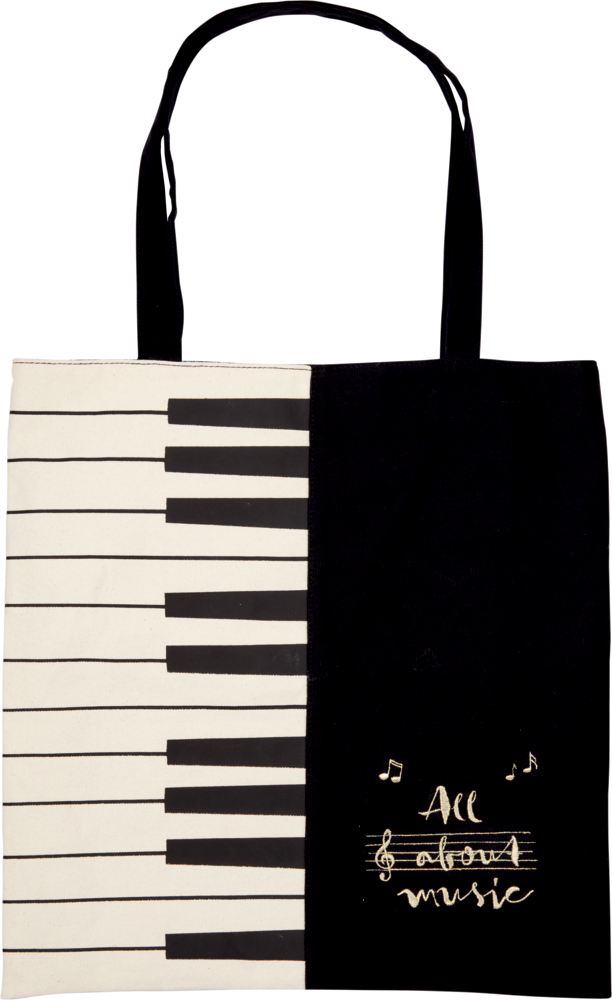Tragetasche mit Klaviertasten und der goldenen Aufschrift „All about music“.