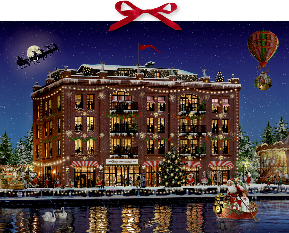 Weihnachtsgeschmücktes Hotel: Weihnachtsmann, Schlitten, Heißluftballon und Schwäne draußen in einer verschneiten Nacht.