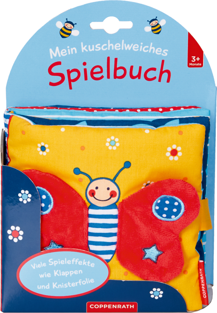 Buntes Baby-Stoffbuch mit einem lächelnden Schmetterling auf dem Cover, Aufschrift „Spielbuch“, für Kinder ab 3 Monaten.