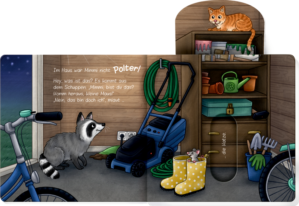 Buchinnenabbildung eines Waschbären in einer Garage. Auf einem herausgezogenen Schieber wird eine Katze auf einem Regal sichtbar.