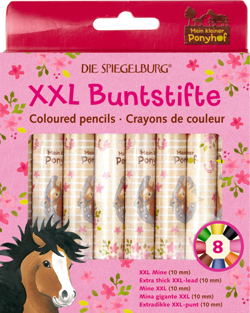 Buntstiften in einer pinkfarbenen Verpackung mit Pferdemotiven und bunten Blumenakzenten.